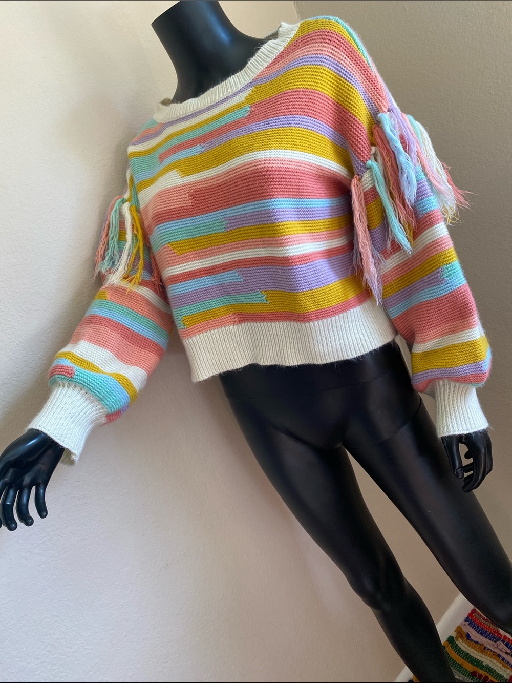 Kawaii Candyland Pastel Stripe Fringe Tassel Knit Sweater - Picture 3 of 9